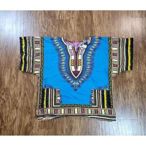 Dashiki Shirt Unisex Blue African Abstract Print V Neck Short Sleeve Size Medium